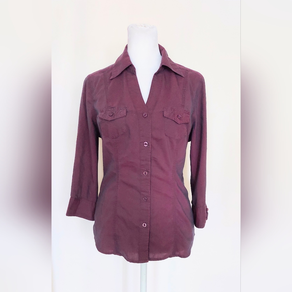 Joe Fresh Button Down Roll Tab Sleeve Collared Shirt Purple Size Small
